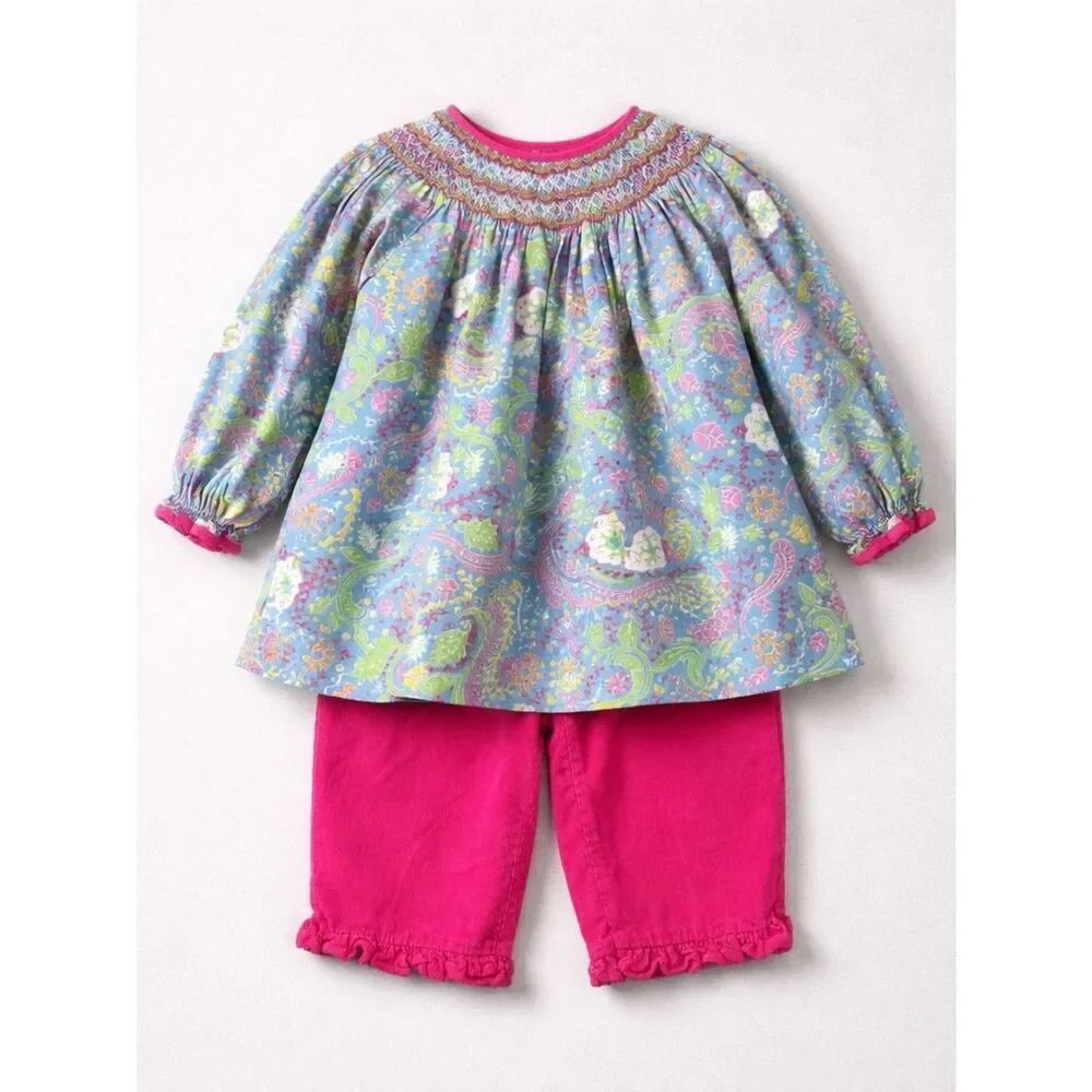 Petit Ami blue floral smocked 2 piece dress and corduroy pant set EUC 12 months